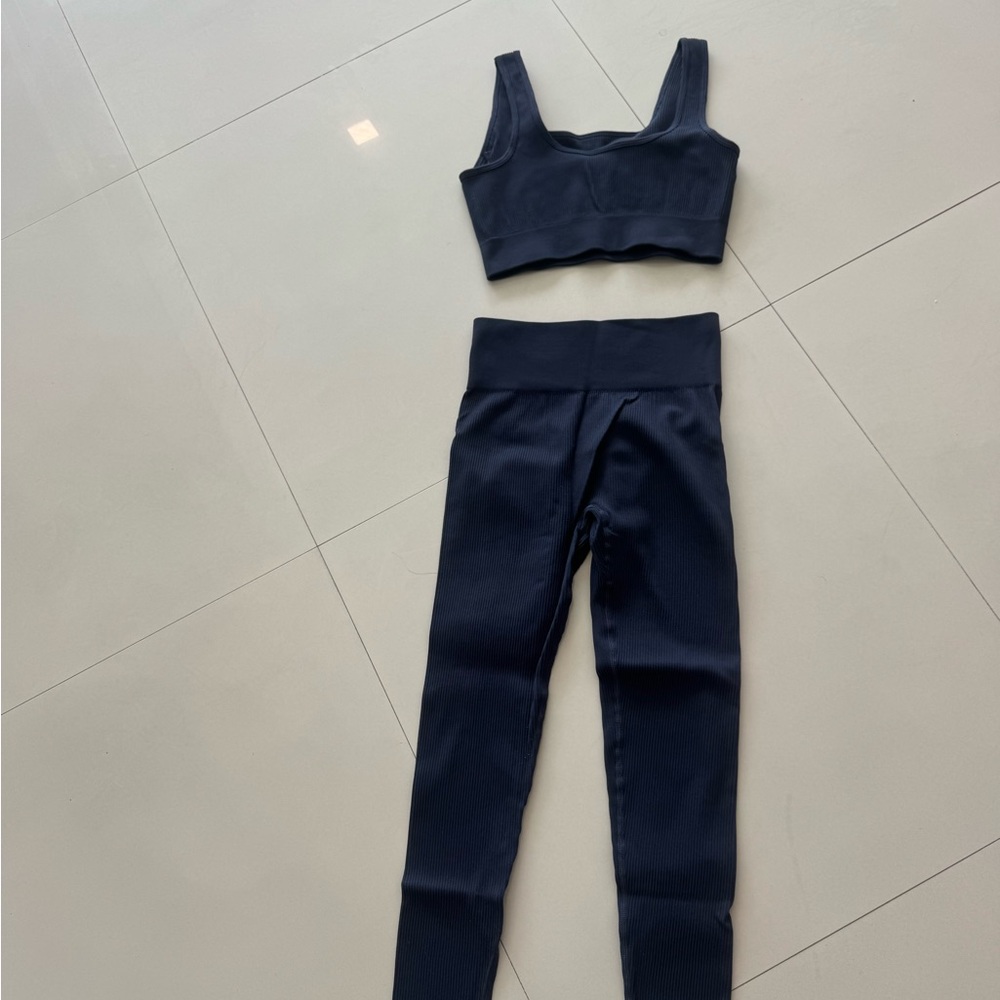 Navy Ribbed Sports Bra and Legging Set